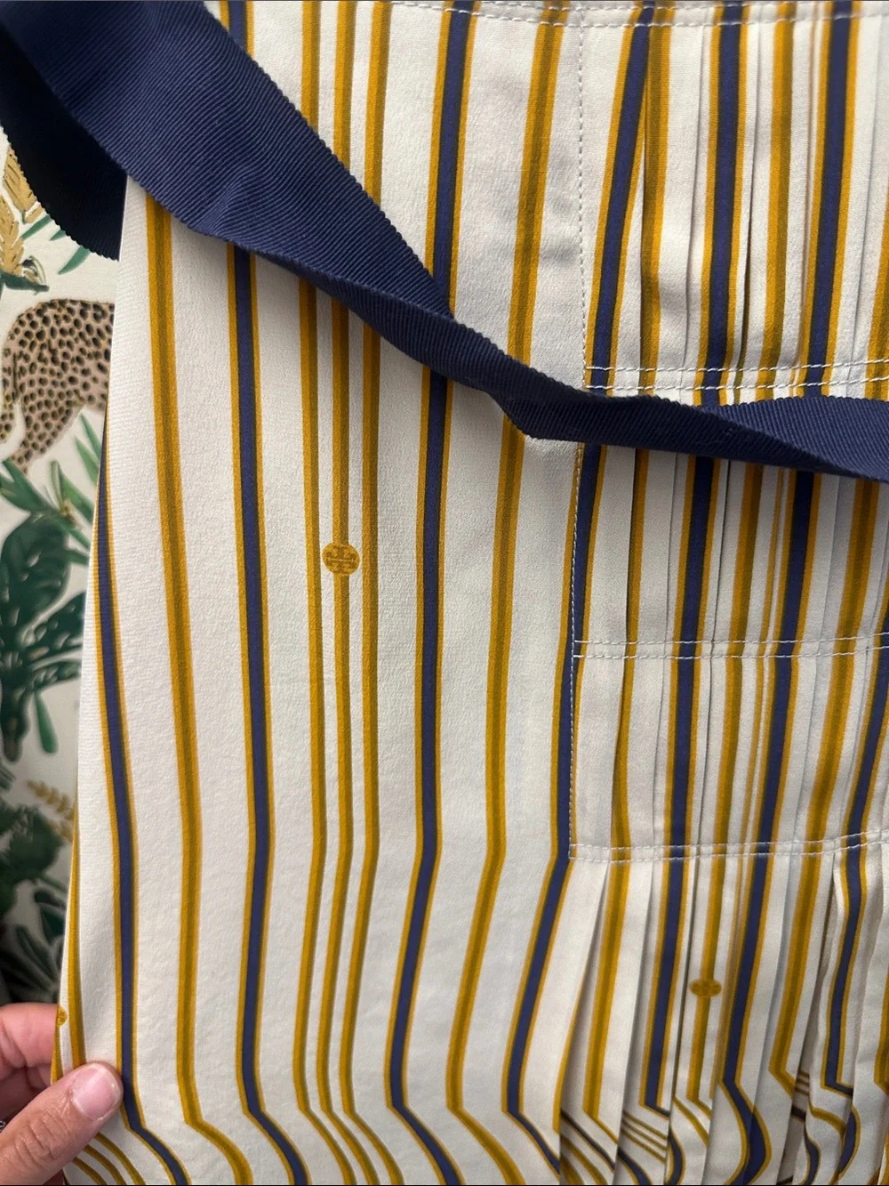 Tory Burch Striped Midi Skirt with Navy Tie Waist